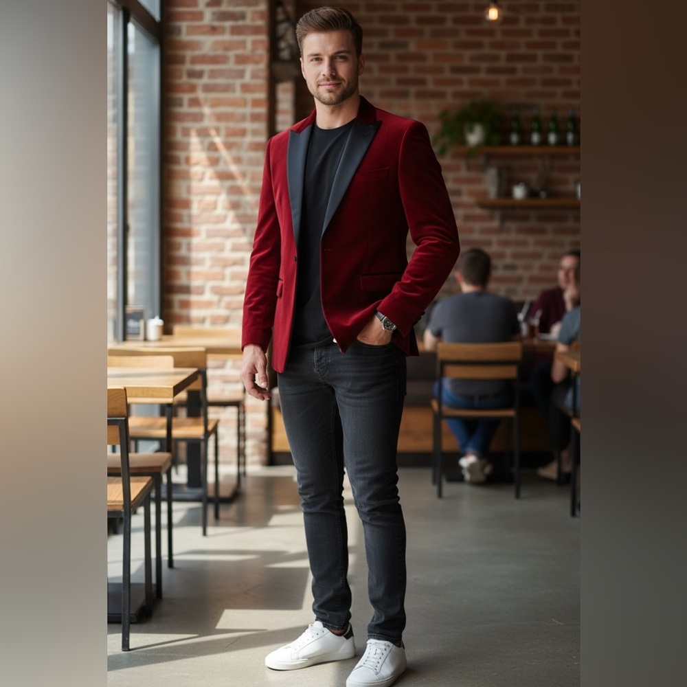 Men's Kudoro Red Velvet Blazer with Black Lapel